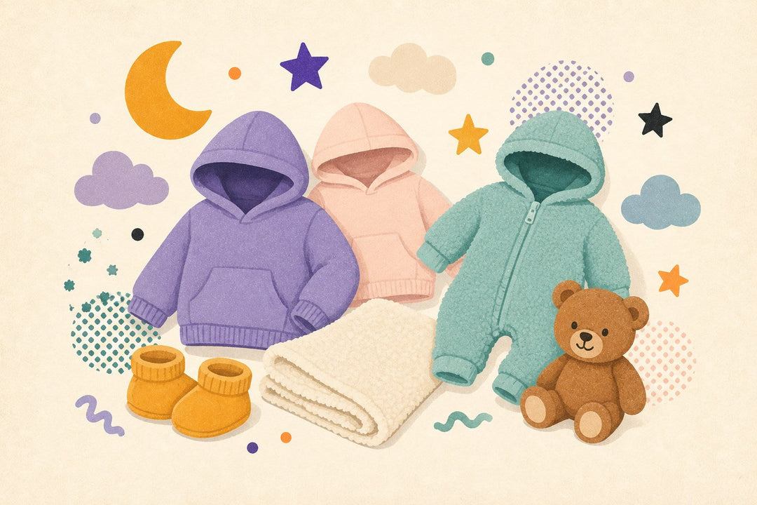 Toddler hoodie and infant romper illustration with tiny blank hoodies, fleece romper, booties, blanket, moon, stars, and toy bear.