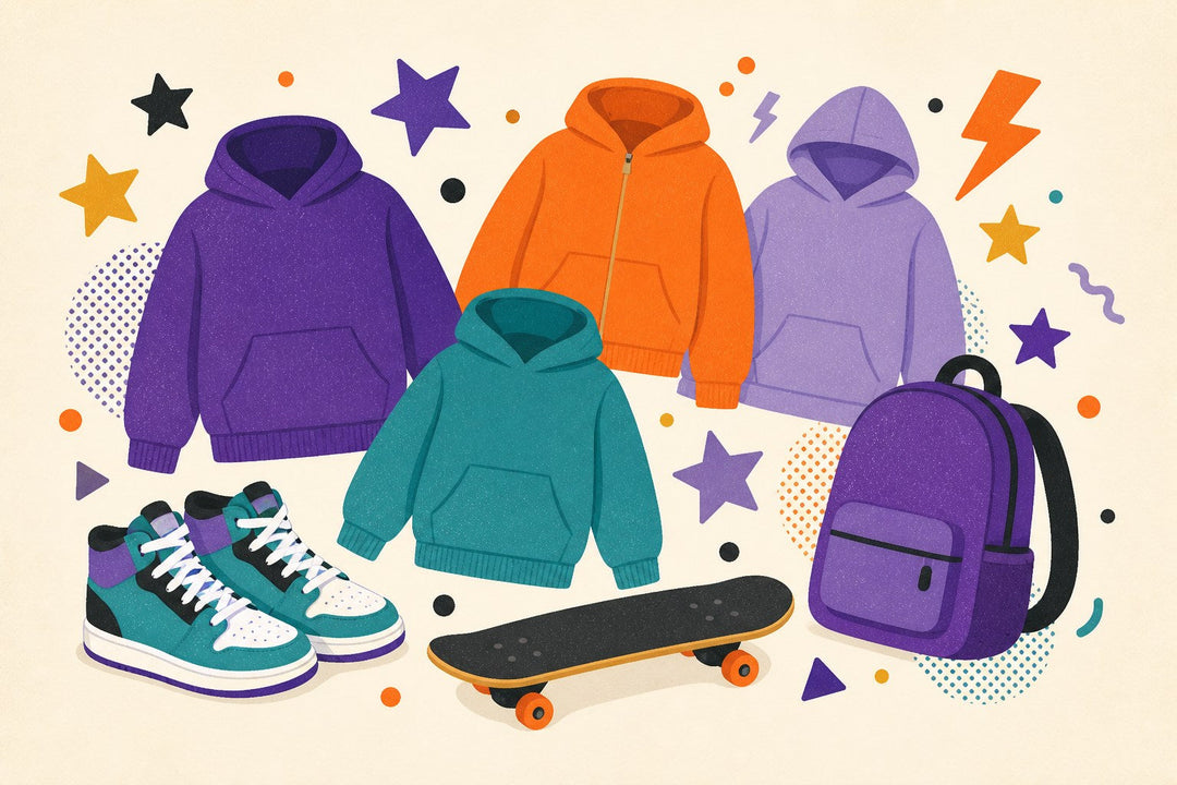 Youth hoodie collection illustration with blank hoodies, backpack, sneakers, skateboard, stars, and lightning bolts.