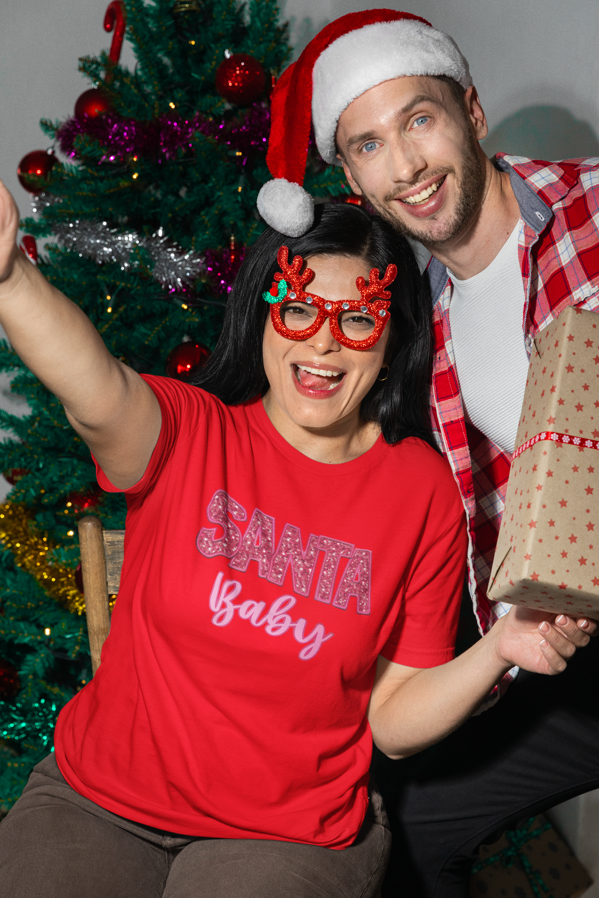 Santa Baby Faux Patch and Sequins  Mens T-shirt White