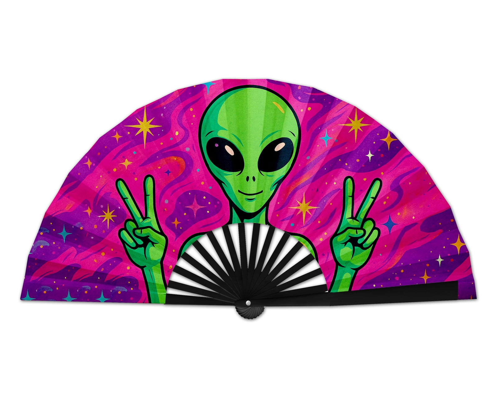 Trippy Alien Rave Fan, Festival Accessories, Peace Sign Hand Fan, EDM Party Fan, Drag Clack Fan, Large Folding Bamboo Fan,26 Inches