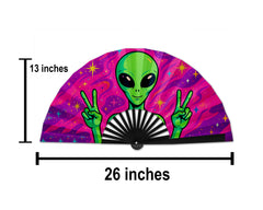 Trippy Alien Rave Fan, Festival Accessories, Peace Sign Hand Fan, EDM Party Fan, Drag Clack Fan, Large Folding Bamboo Fan,26 Inches