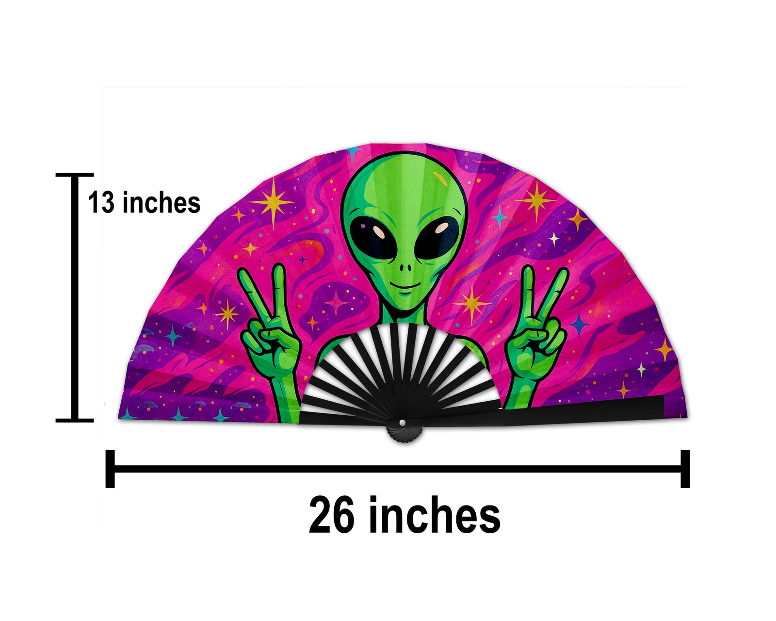 Trippy Alien Rave Fan, Festival Accessories, Peace Sign Hand Fan, EDM Party Fan, Drag Clack Fan, Large Folding Bamboo Fan,26 Inches