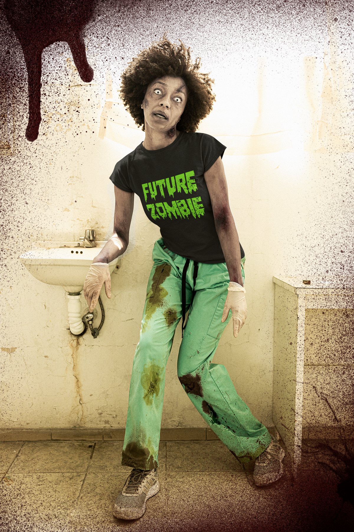 Person in a black Future Zombie T-shirt with green lettering as part of a zombie-themed outfit