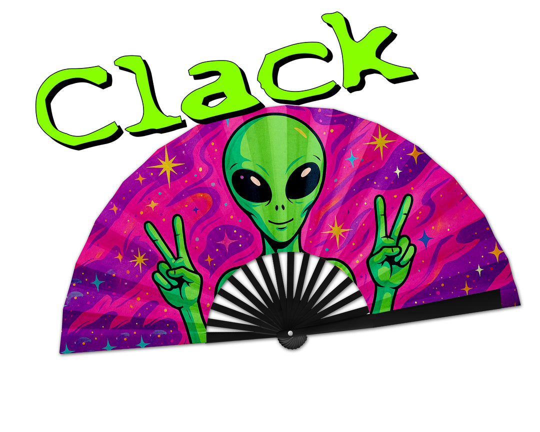 Trippy Alien Rave Fan, Festival Accessories, Peace Sign Hand Fan, EDM Party Fan, Drag Clack Fan, Large Folding Bamboo Fan,26 Inches