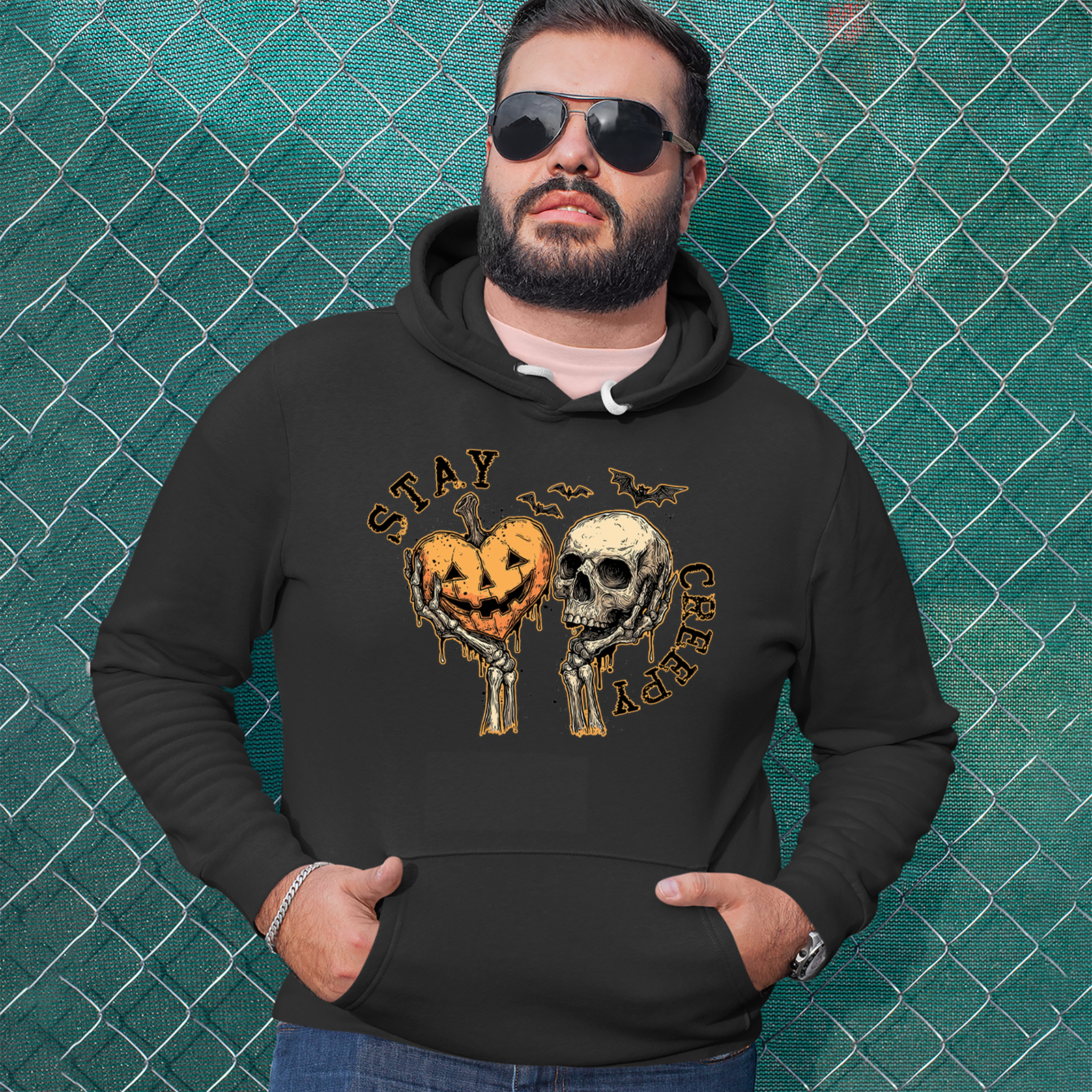 Stay Creepy Skull and Pumpkin Halloween Mens T-shirt Black