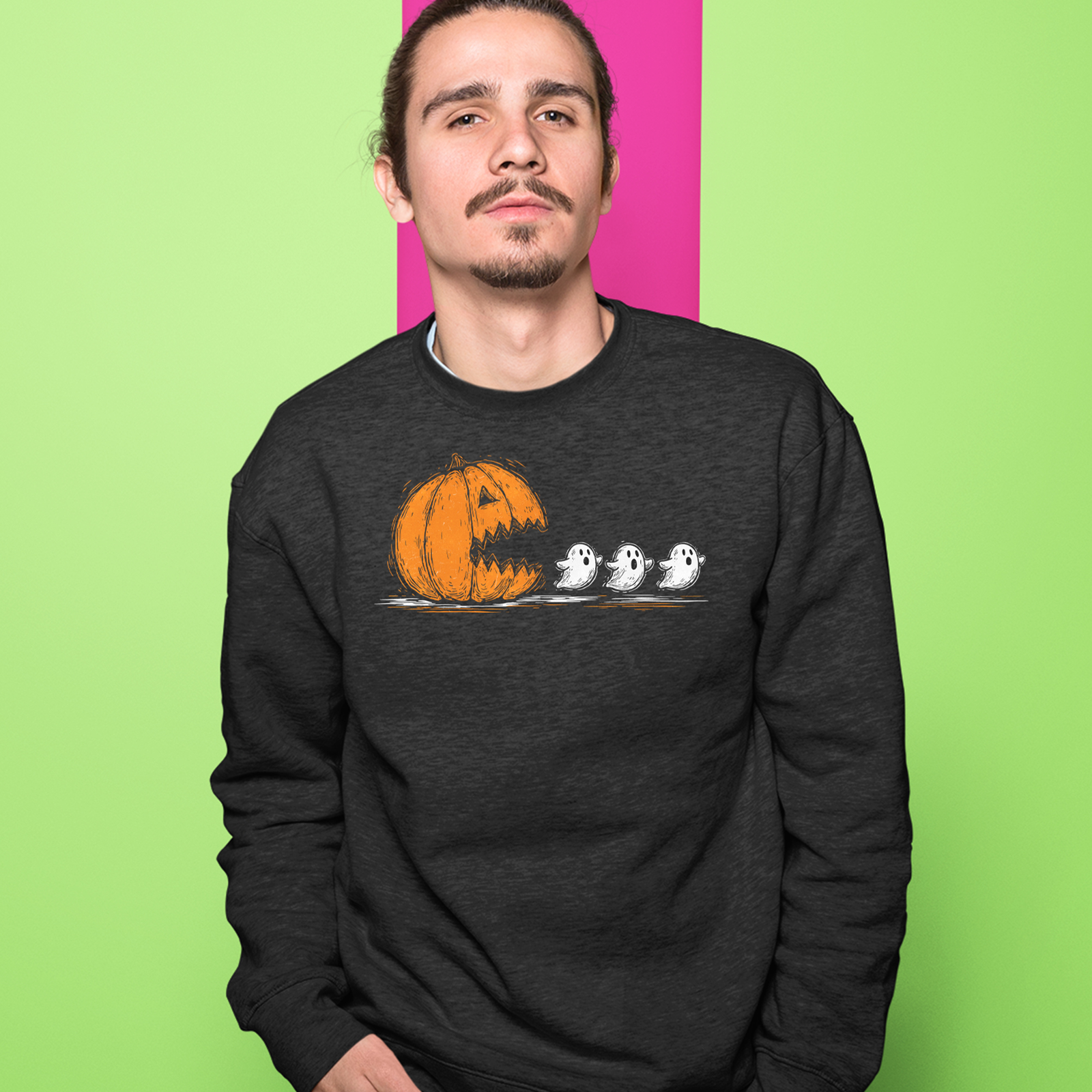 Pumpkin Pacman Chasing Ghosts Halloween Mens T-shirt Black
