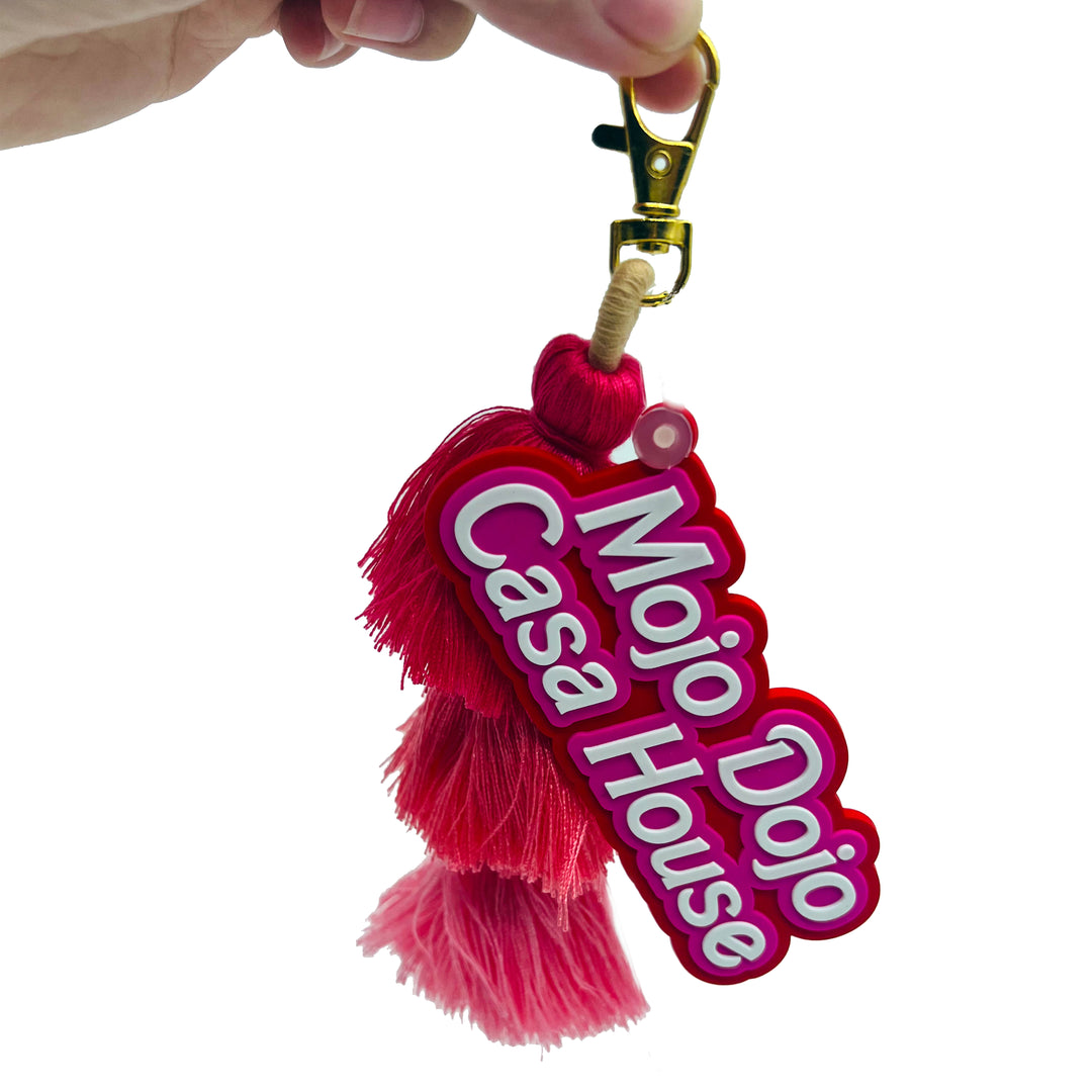 Mojo Dojo Casa House Keychain with Pink Tassles - Witty and Trendy Accessory for Home Office, Car, Dorm Decor, Perfect for Anime, Kawaii, and Pink Stuff Lovers