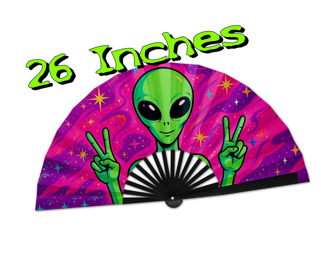 Trippy Alien Rave Fan, Festival Accessories, Peace Sign Hand Fan, EDM Party Fan, Drag Clack Fan, Large Folding Bamboo Fan,26 Inches
