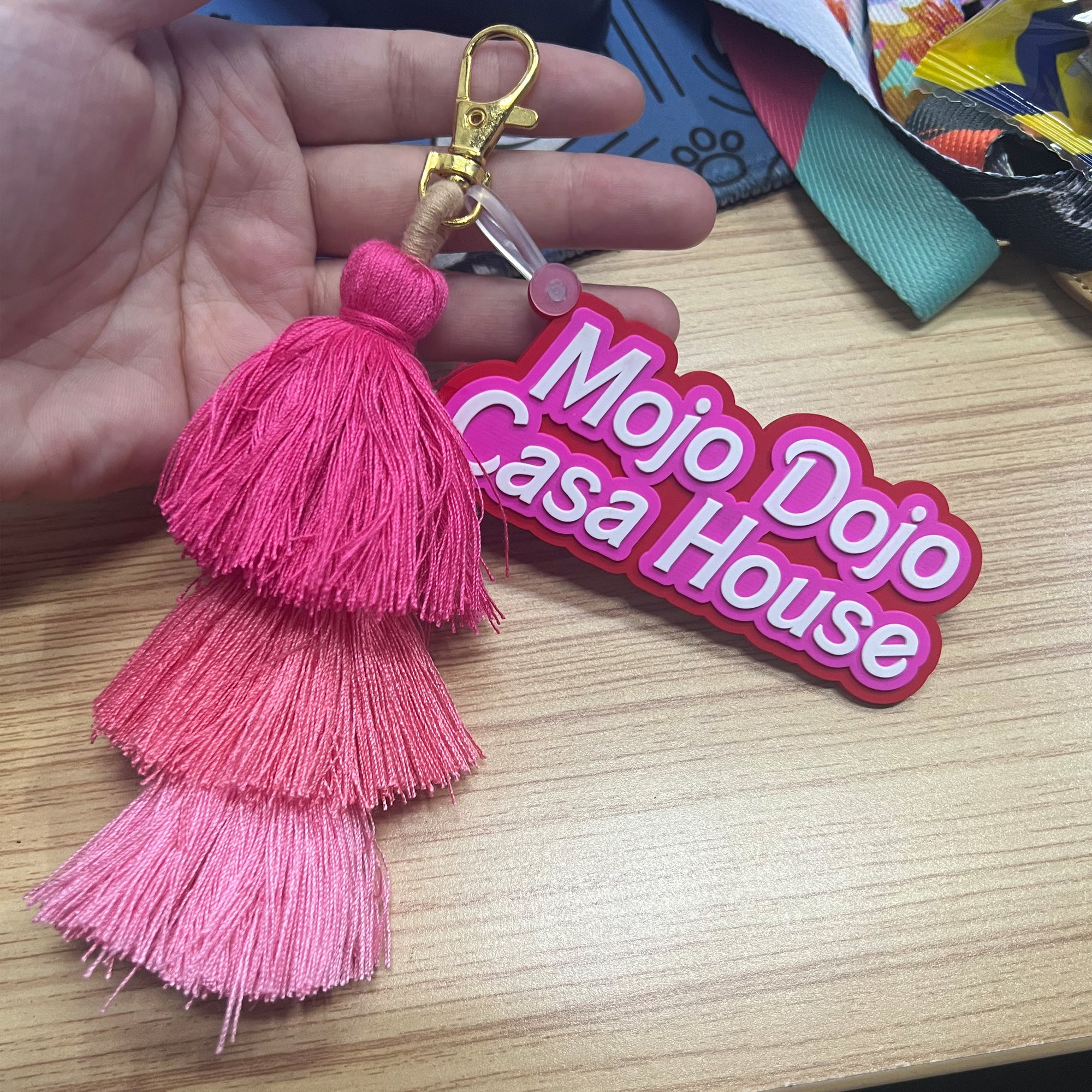 Mojo Dojo Casa House Keychain with Pink Tassles - Witty and Trendy Accessory for Home Office, Car, Dorm Decor, Perfect for Anime, Kawaii, and Pink Stuff Lovers