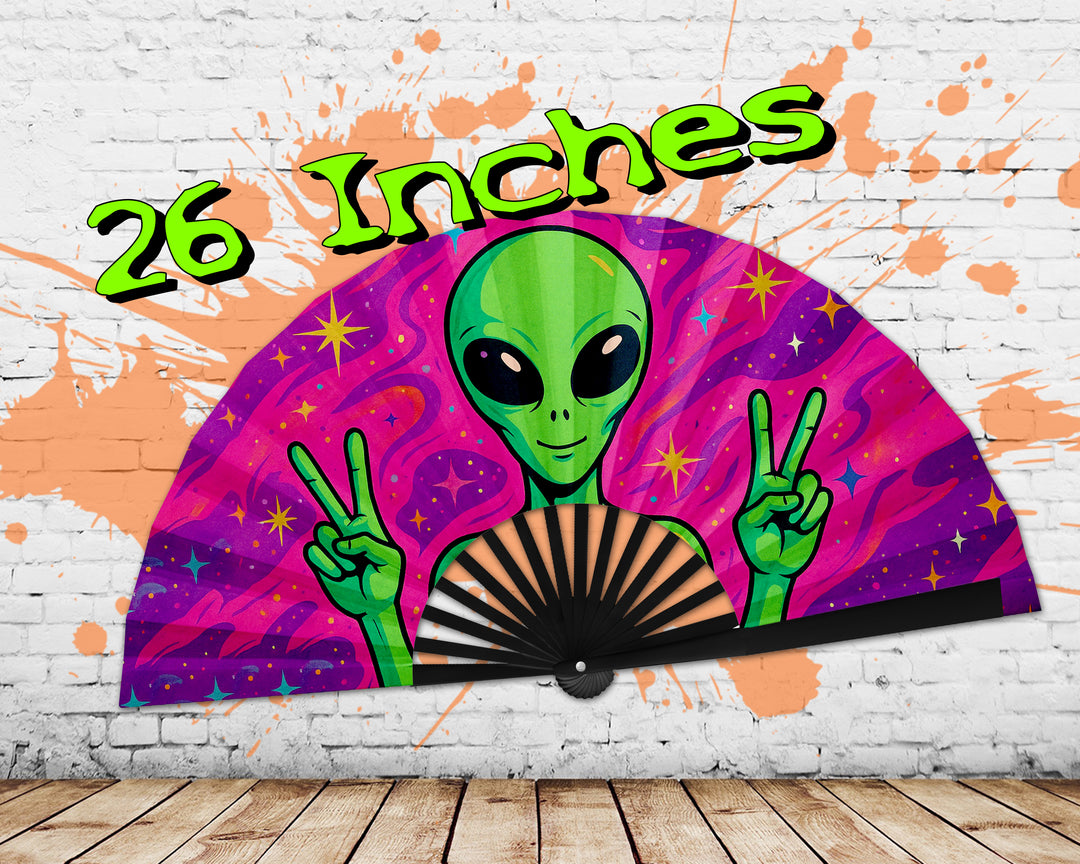 Trippy Alien Rave Fan, Festival Accessories, Peace Sign Hand Fan, EDM Party Fan, Drag Clack Fan, Large Folding Bamboo Fan,26 Inches