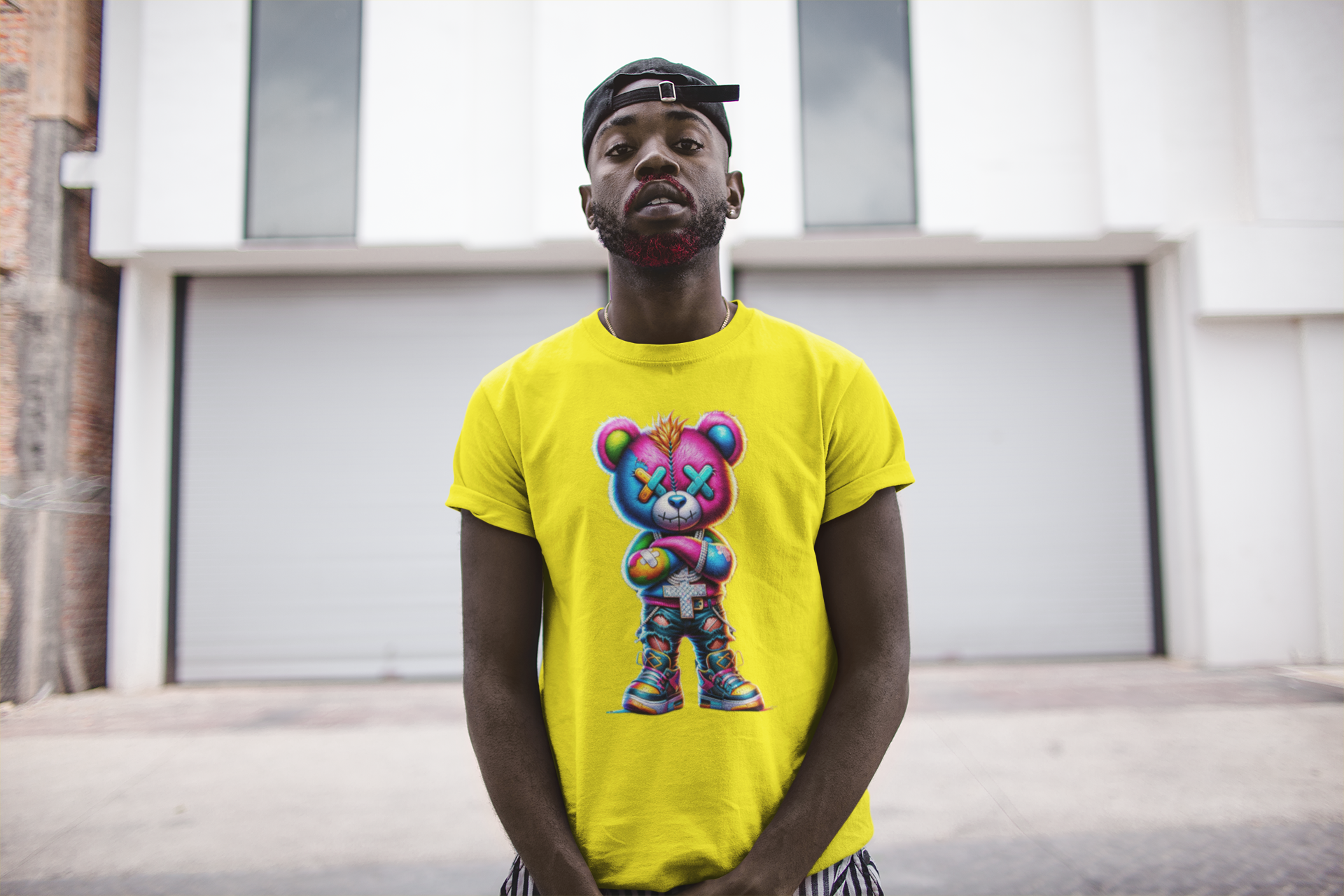 Stitched Neon Urban Graffiti Bear  Mens T-shirt Black