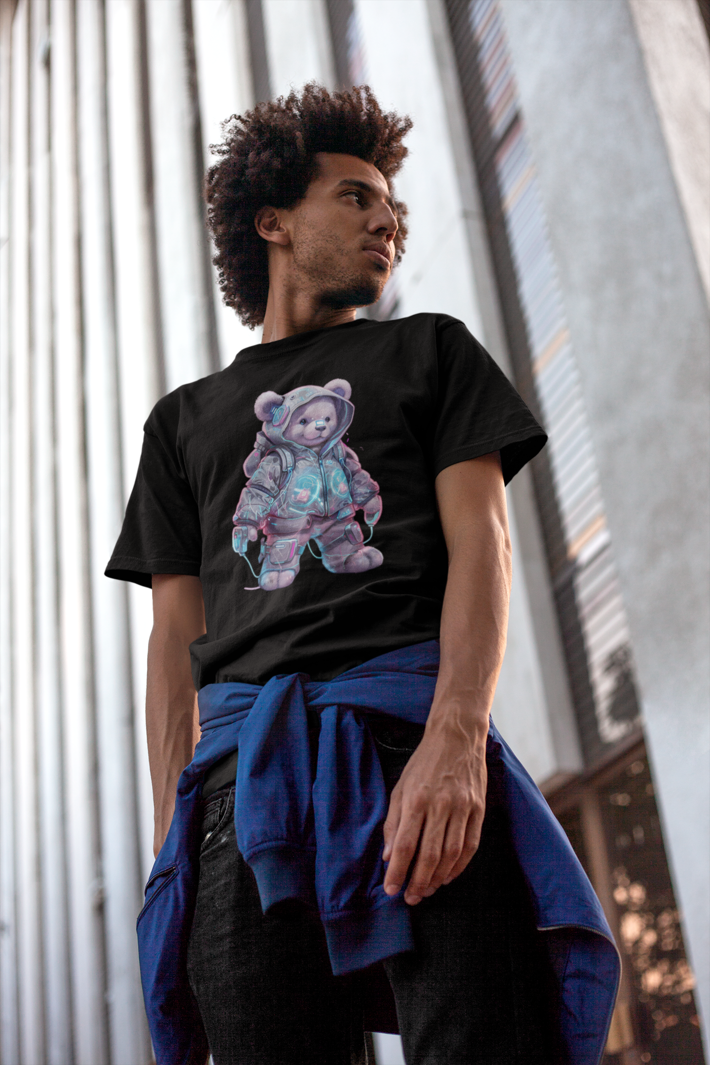 Cyberpunk Adventure Urban Graffiti Bear  Mens T-shirt Black