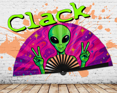Trippy Alien Rave Fan, Festival Accessories, Peace Sign Hand Fan, EDM Party Fan, Drag Clack Fan, Large Folding Bamboo Fan,26 Inches