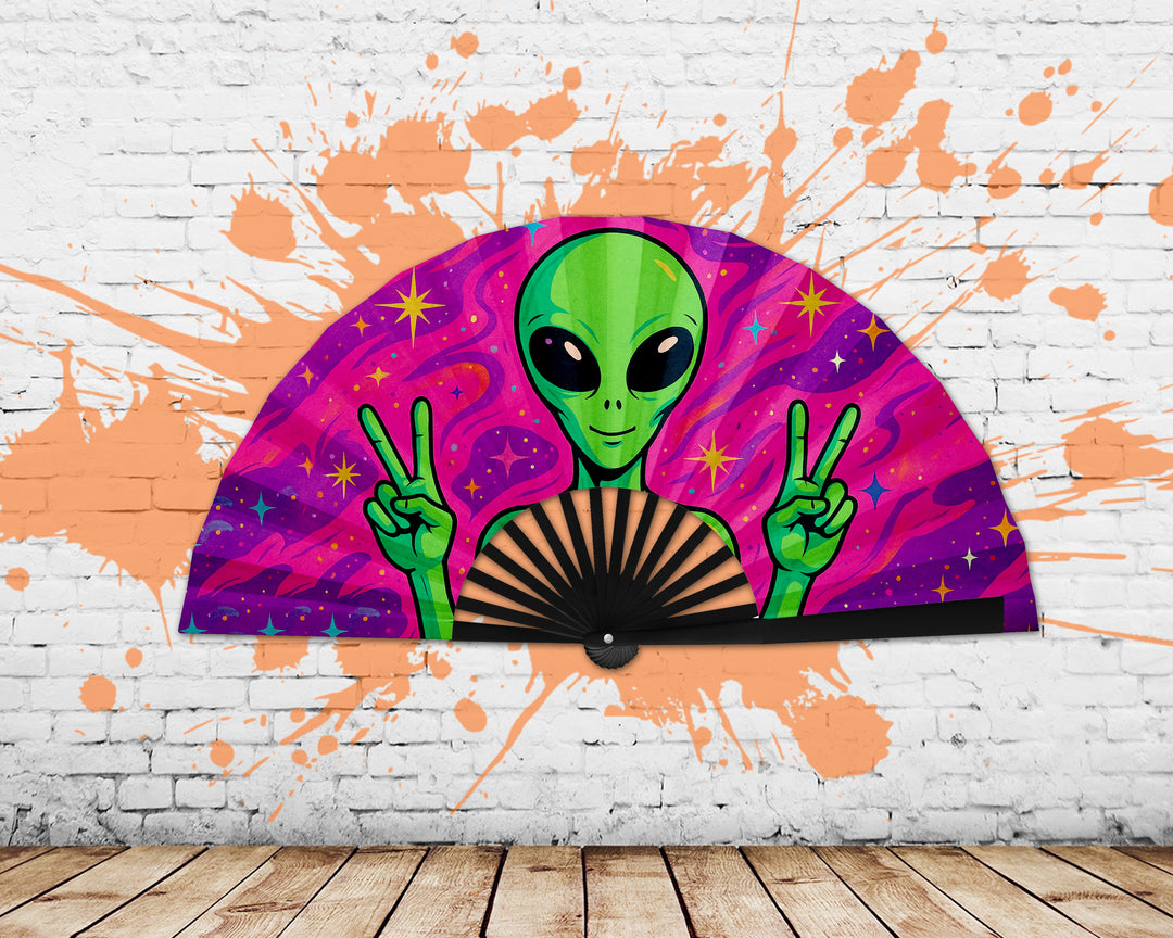 Trippy Alien Rave Fan, Festival Accessories, Peace Sign Hand Fan, EDM Party Fan, Drag Clack Fan, Large Folding Bamboo Fan,26 Inches