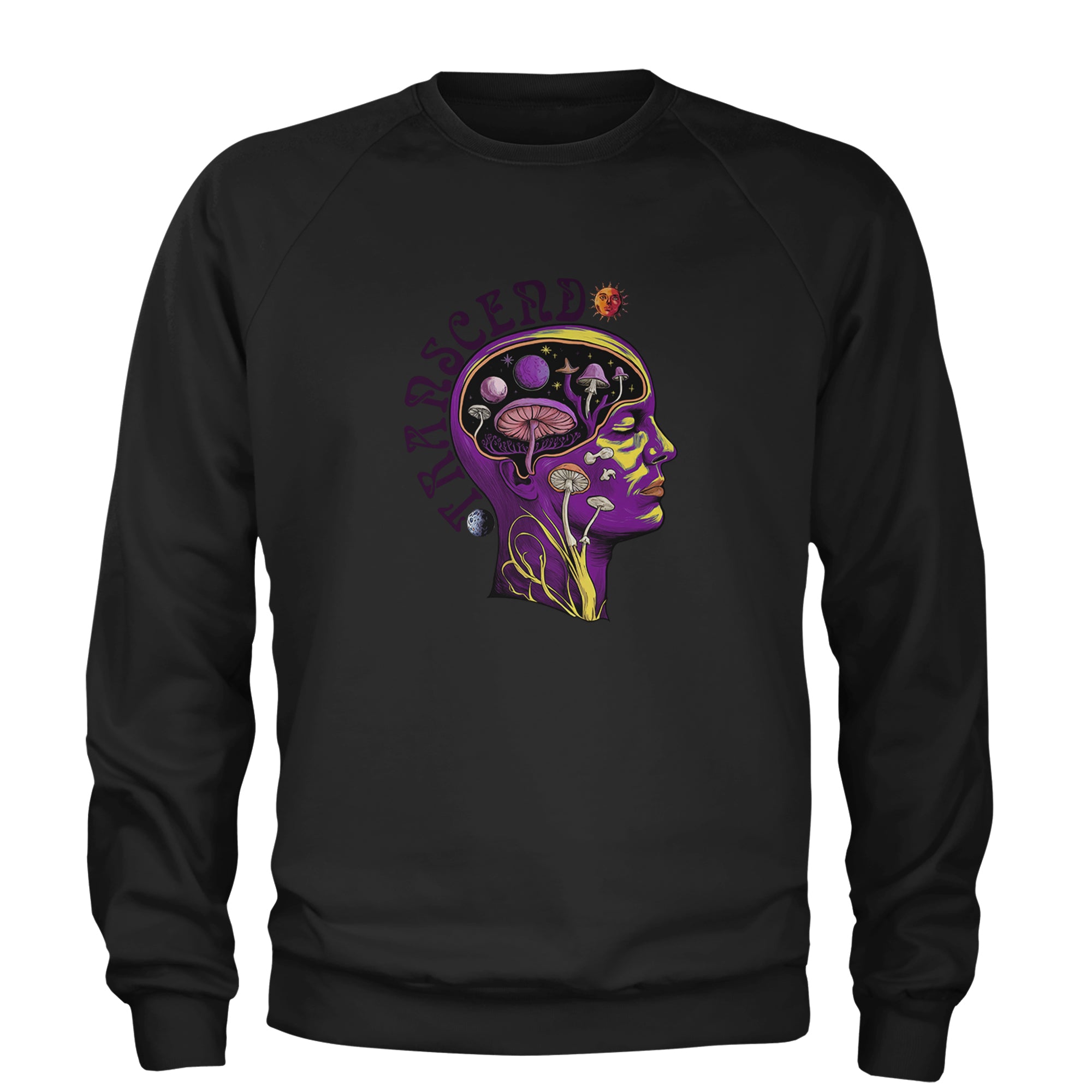 Psychedelic Cosmic Mushroom Head Adult Crewneck Sweatshirt Black