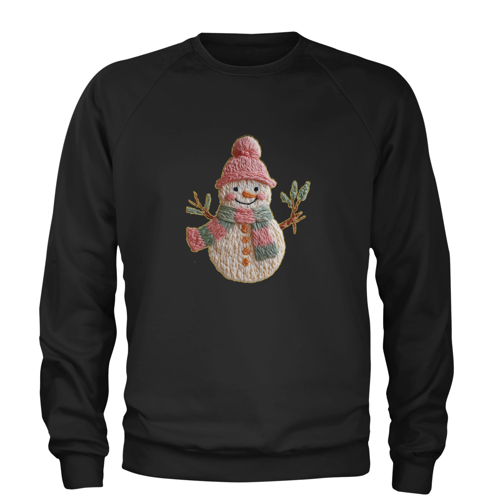 Vintage Snowman Embroidery Art Soft Cottagecore Adult Crewneck Sweatshirt Black