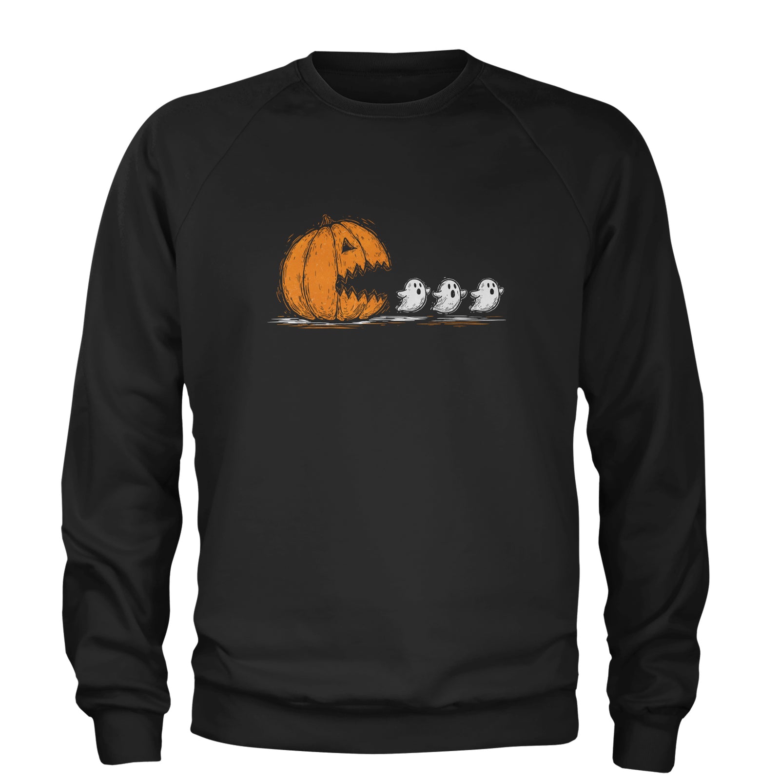 Pumpkin Pacman Chasing Ghosts Halloween Adult Crewneck Sweatshirt Black