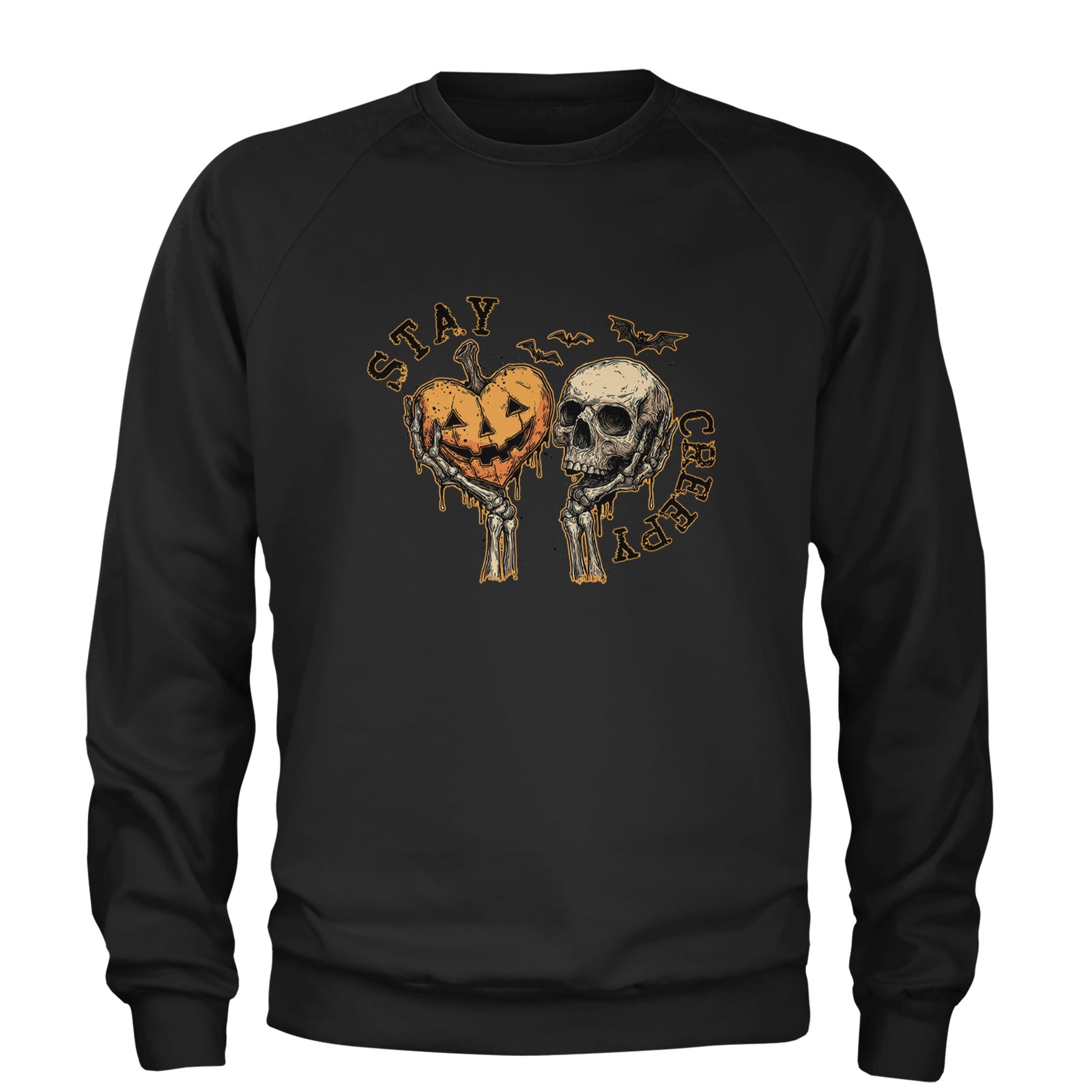 Stay Creepy Skull and Pumpkin Halloween Adult Crewneck Sweatshirt Black