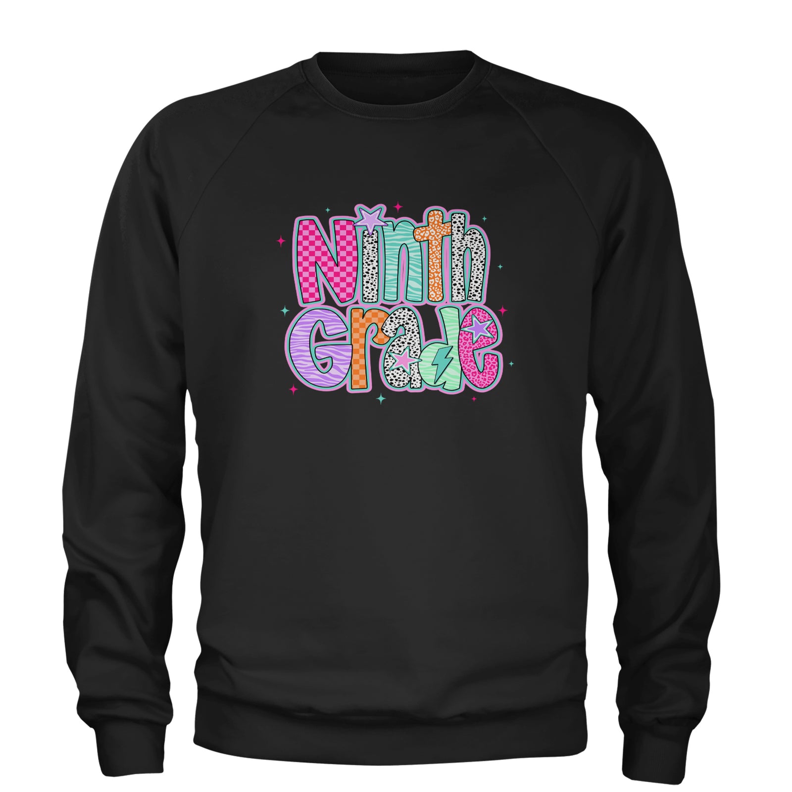 Ninth Grade Freshman Vibes Colorful Back to School Adult Crewneck Sweatshirt Black