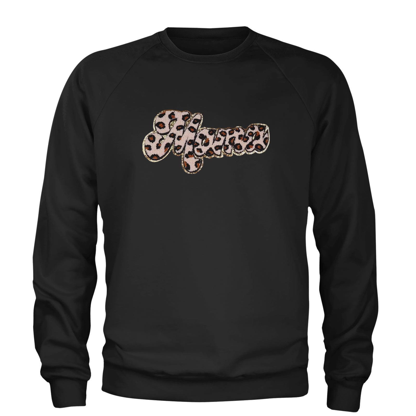 Mama Cheetah Print Glitter Chenille Patch Adult Crewneck Sweatshirt Black