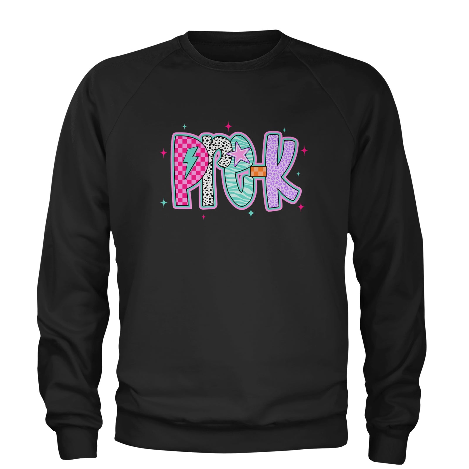 Pre-K Party Time Colorful Back to School Adult Crewneck Sweatshirt Black
