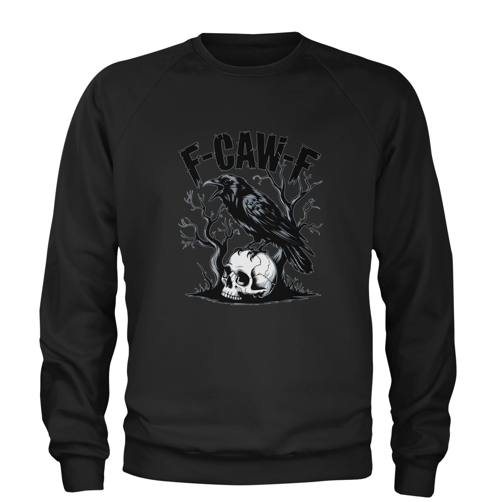 F-Caw-F Crow On Skull F-ck Off Gothic Adult Crewneck Sweatshirt White