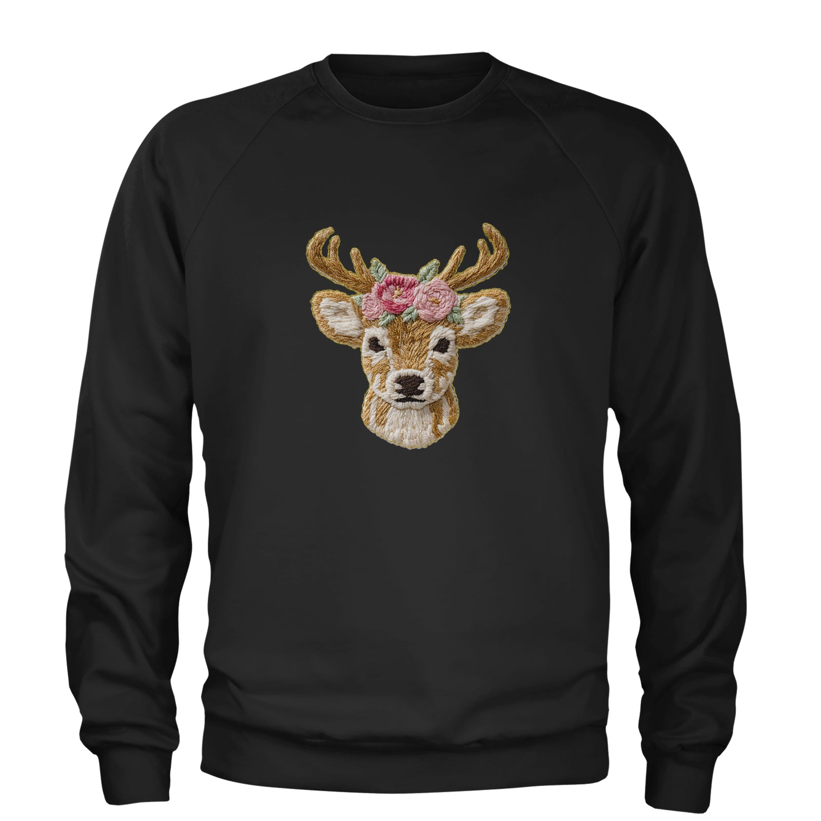 Vintage Reindeer Embroidery Art Soft Cottagecore Adult Crewneck Sweatshirt Light Pink