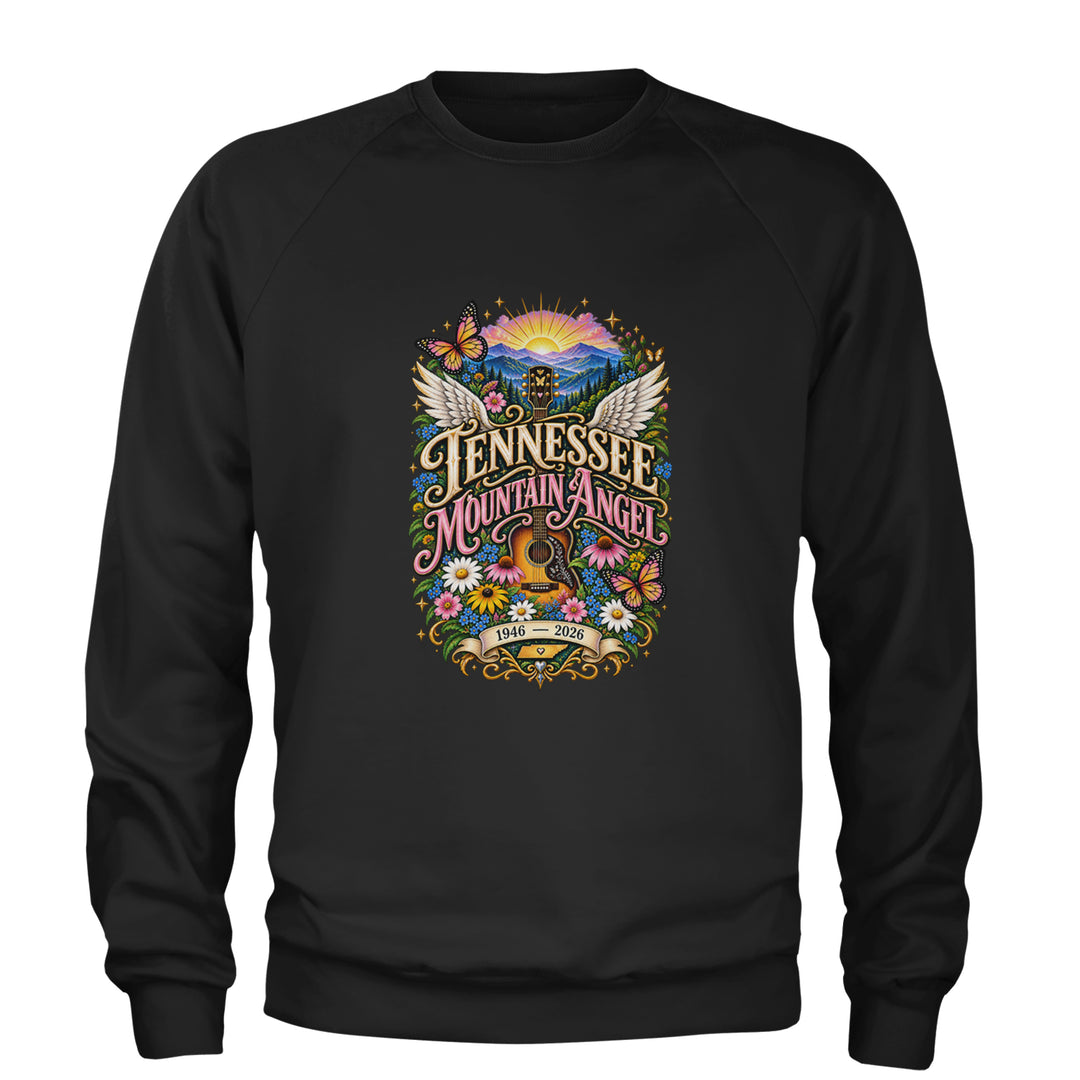 Tennessee Mountain Angel Wings Dolly Adult Crewneck Sweatshirt Black