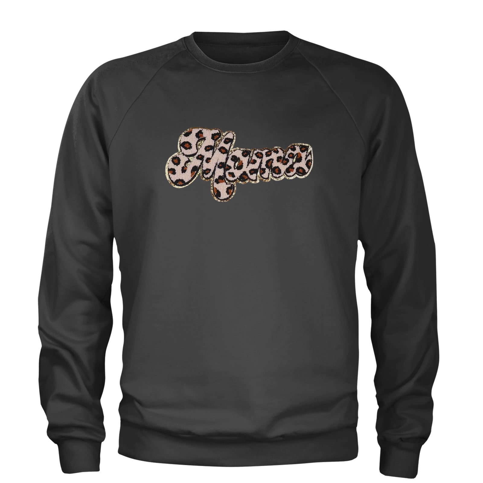 Mama Cheetah Print Glitter Chenille Patch Adult Crewneck Sweatshirt Black