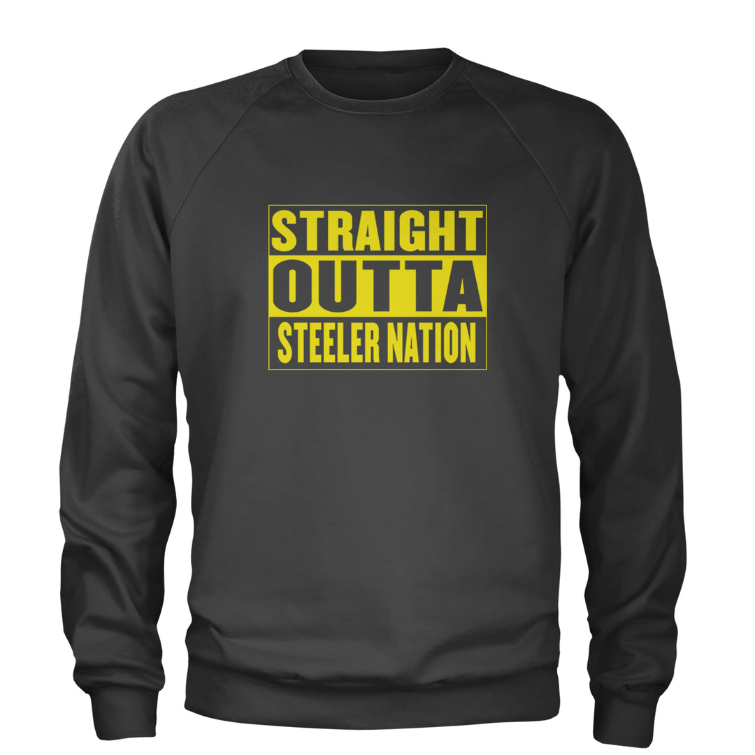 Straight Outta Steeler Nation Football graphic on Unisex Heavyweight Fleece Crewneck Sweatshirt in Charcoal Grey