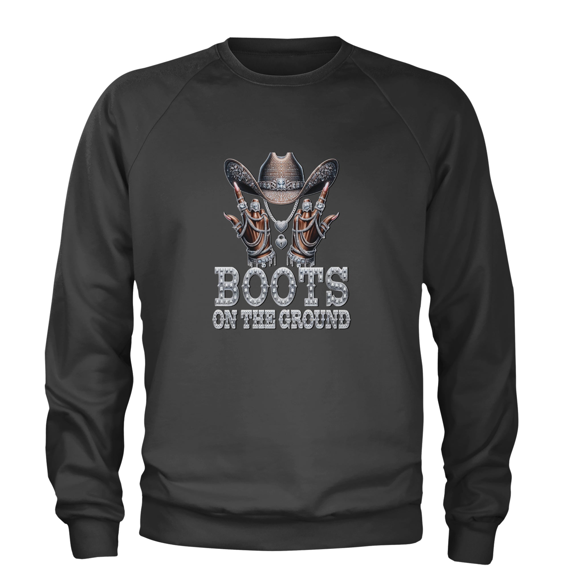 Boots On The Ground Bling Adult Crewneck Sweatshirt Charcoal Grey