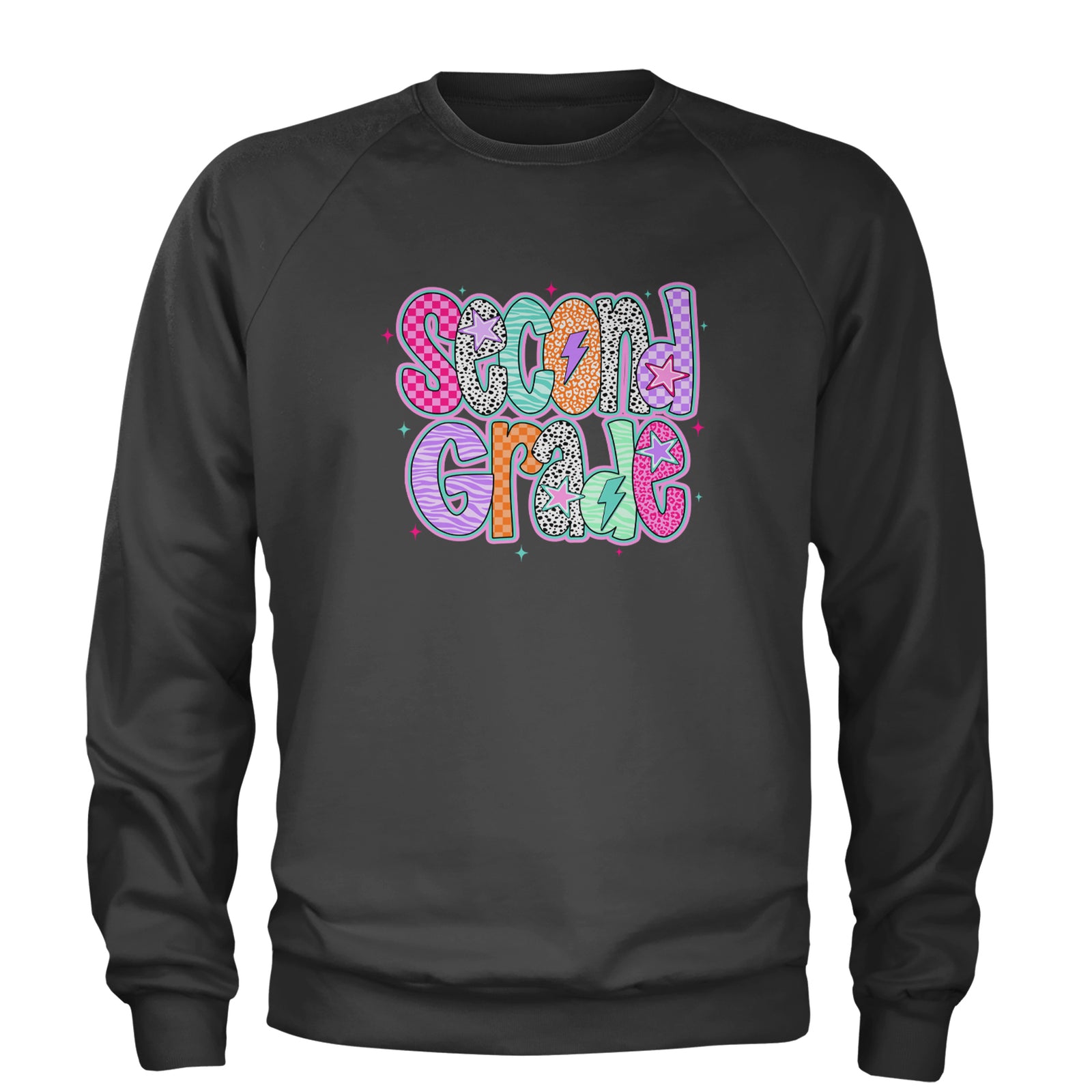 Second Grade Star Colorful Back to School Adult Crewneck Sweatshirt Black