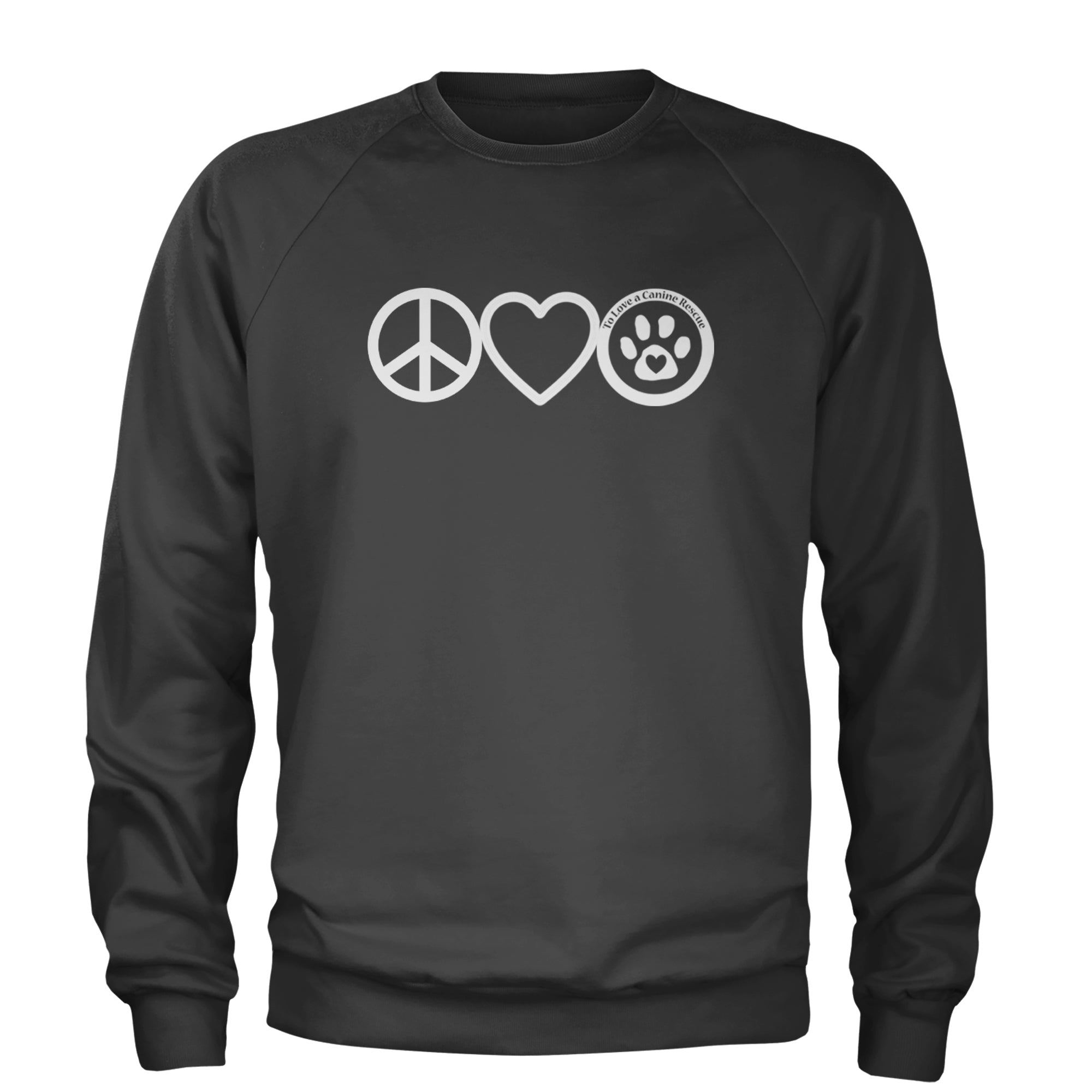 Peace, Love and TLC Dog Rescue Adult Crewneck Sweatshirt Charcoal Grey