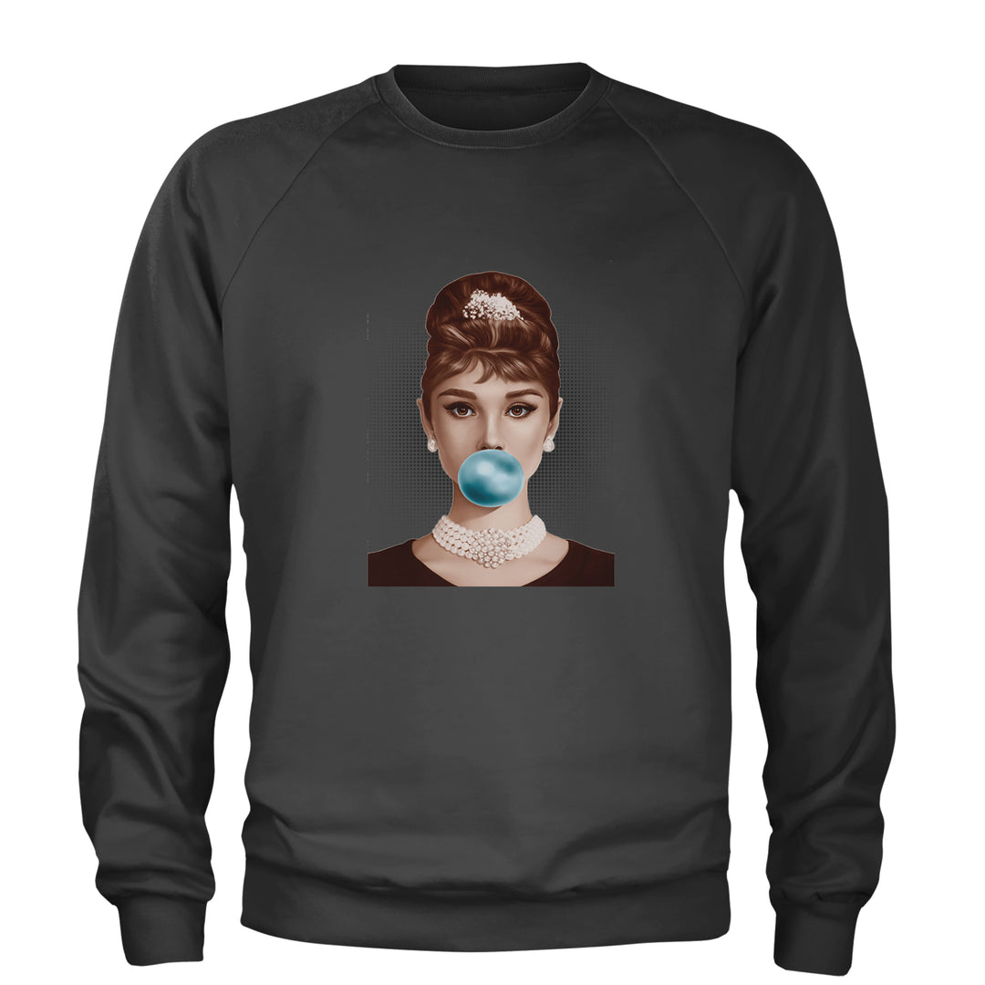Audrey Hepburn Chewing Bubble Gum American Icon Adult Crewneck Sweatshirt Charcoal Grey