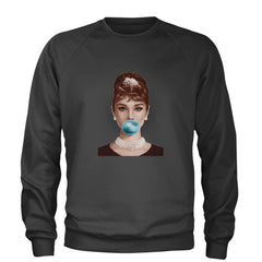 Audrey Hepburn Chewing Bubble Gum American Icon Adult Crewneck Sweatshirt Charcoal Grey