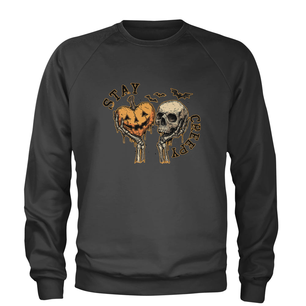 Stay Creepy Skull and Pumpkin Halloween graphic on Unisex Heavyweight Fleece Crewneck Sweatshirt in Charcoal Grey