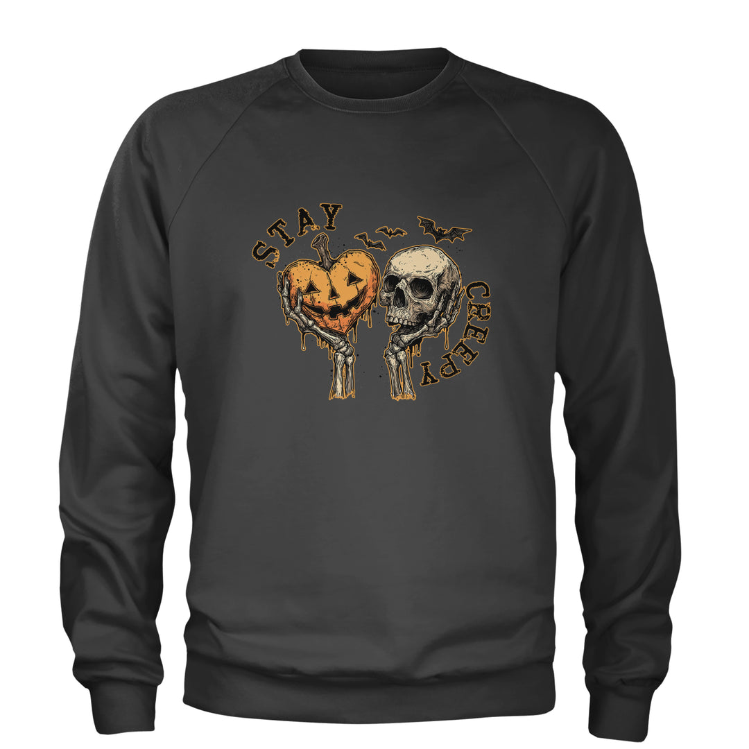 Stay Creepy Skull and Pumpkin Halloween Adult Crewneck Sweatshirt Charcoal Grey