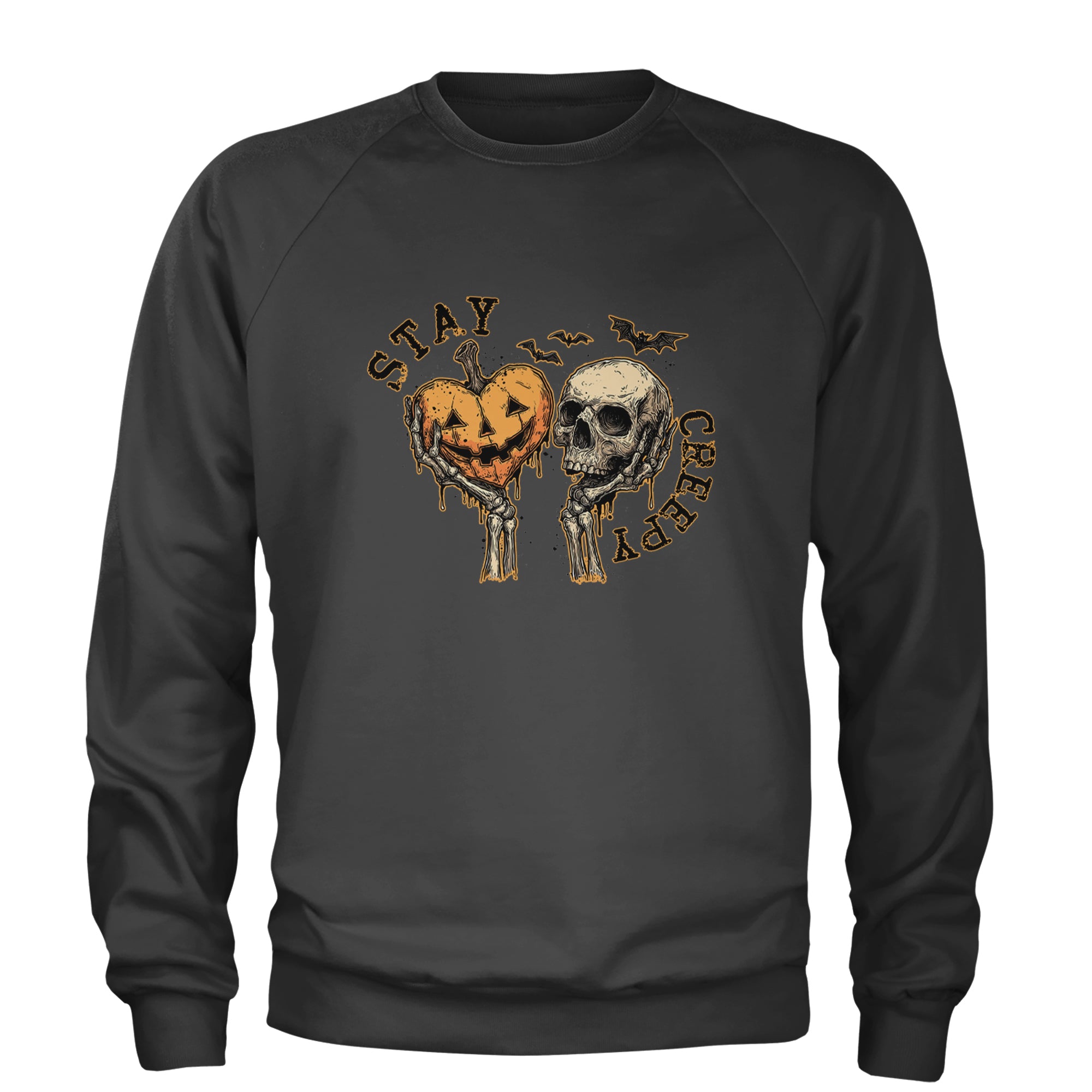 Stay Creepy Skull and Pumpkin Halloween Adult Crewneck Sweatshirt Black
