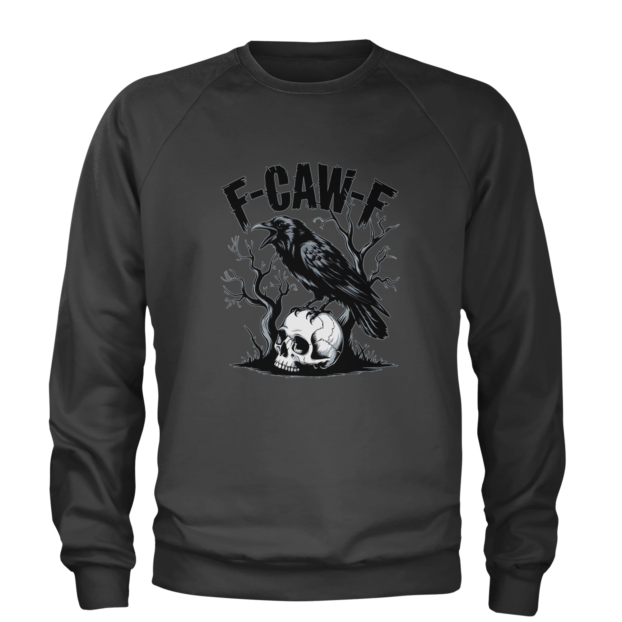 F-Caw-F Crow On Skull F-ck Off Gothic Adult Crewneck Sweatshirt Charcoal Grey