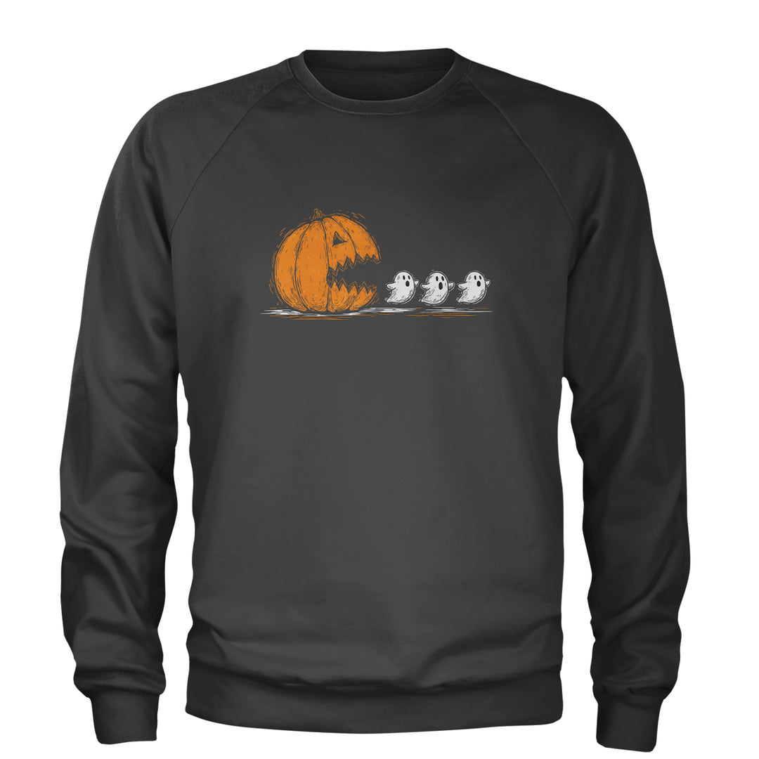 Pumpkin Pacman Chasing Ghosts Halloween Adult Crewneck Sweatshirt Charcoal Grey