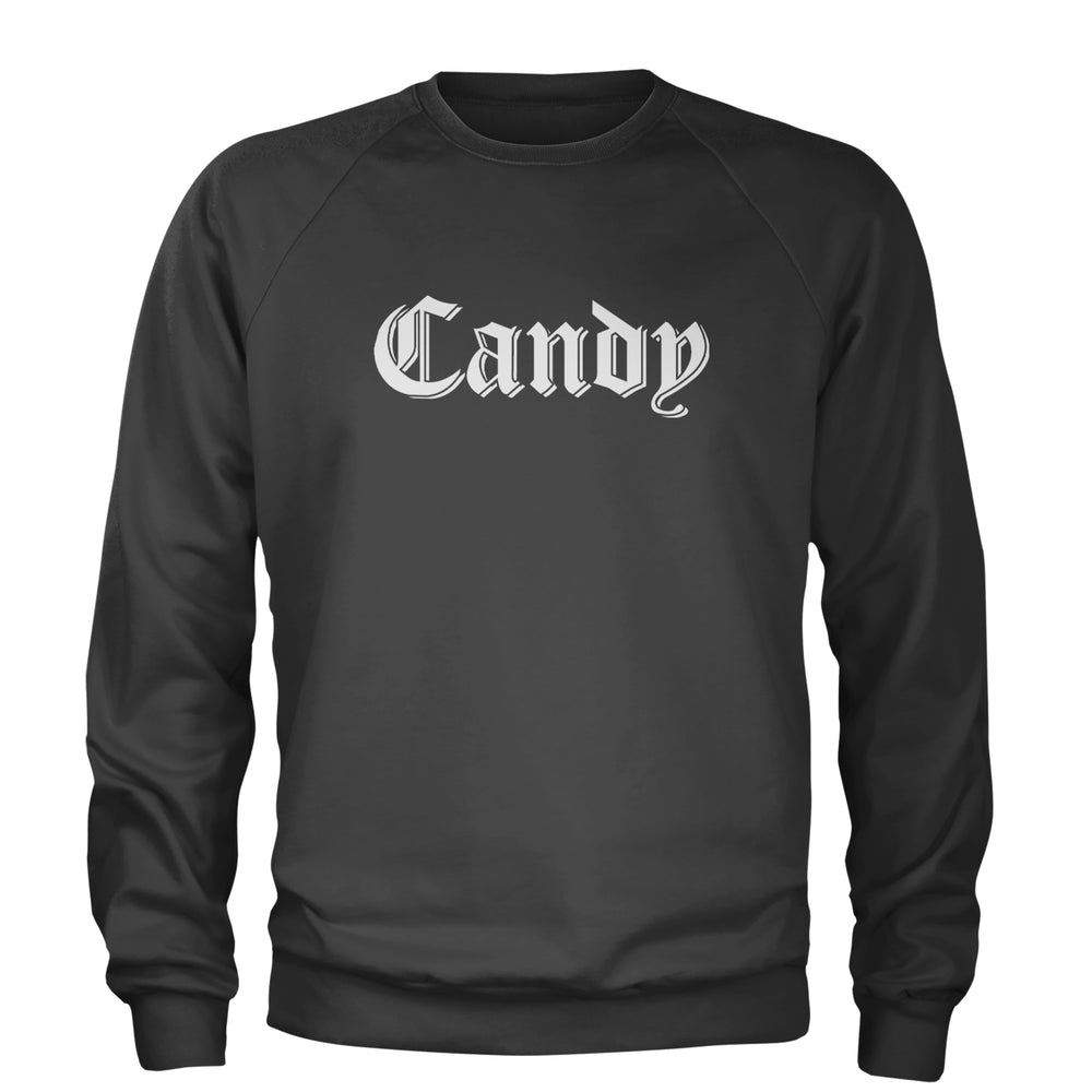 Candy Gothic Lettering graphic on Unisex Heavyweight Fleece Crewneck Sweatshirt in Charcoal Grey