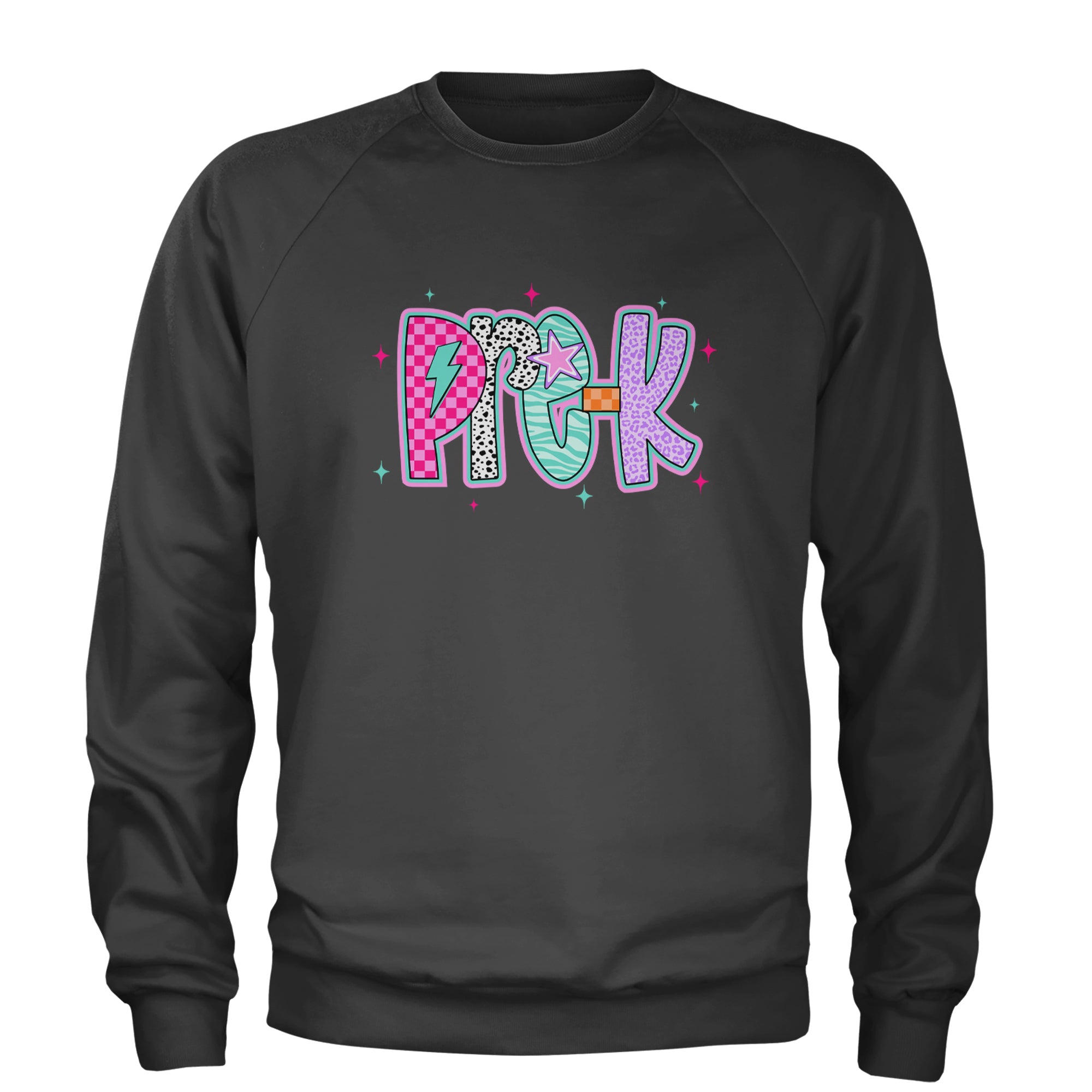 Pre-K Party Time Colorful Back to School Adult Crewneck Sweatshirt Charcoal Grey