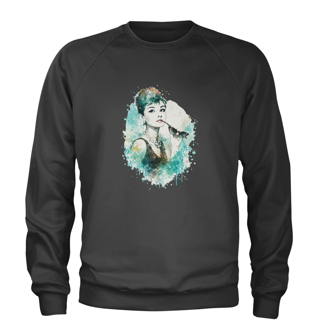 Mrs. Herpburn Iconic Watercolors Adult Crewneck Sweatshirt Charcoal Grey