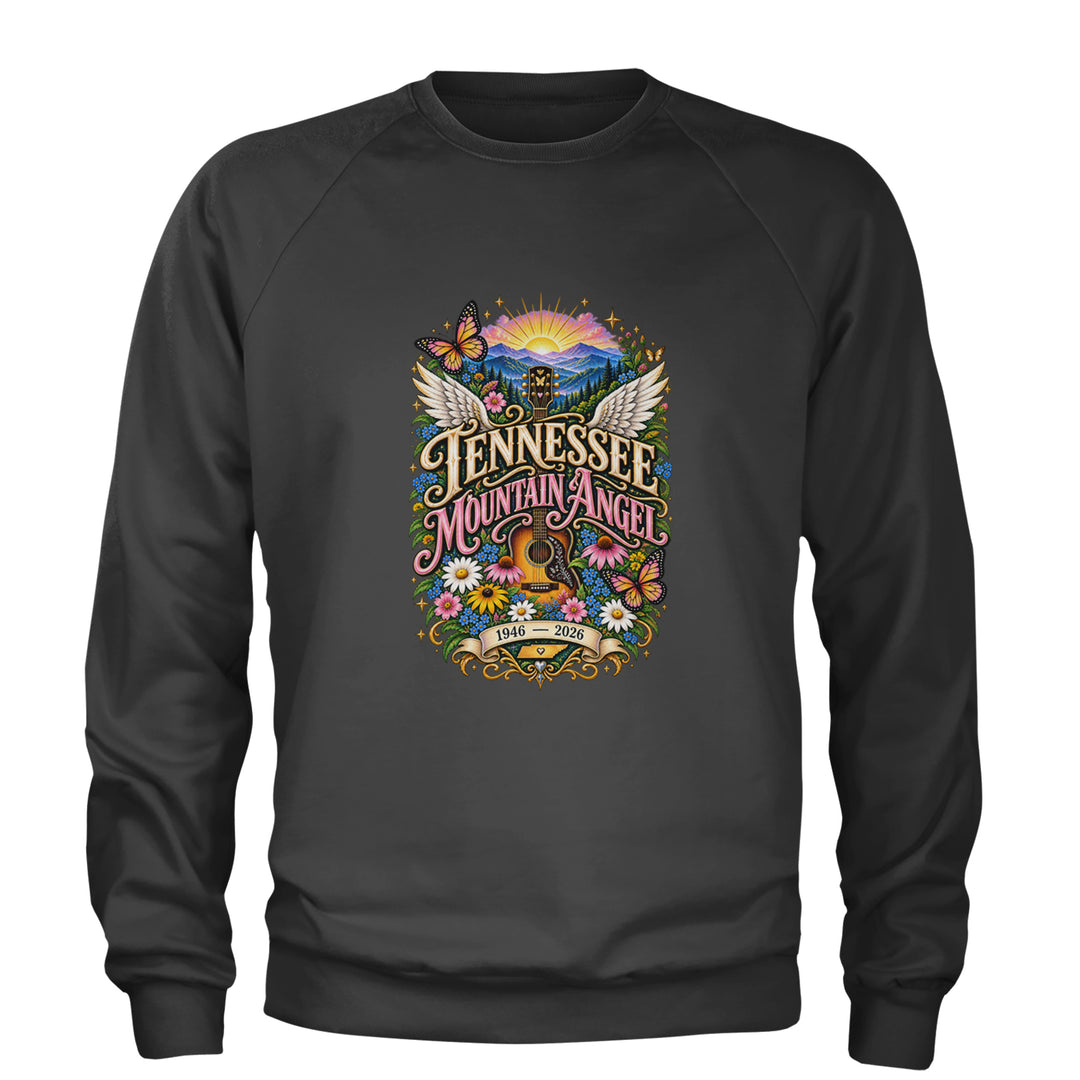 Tennessee Mountain Angel Wings Dolly Adult Crewneck Sweatshirt Charcoal Grey