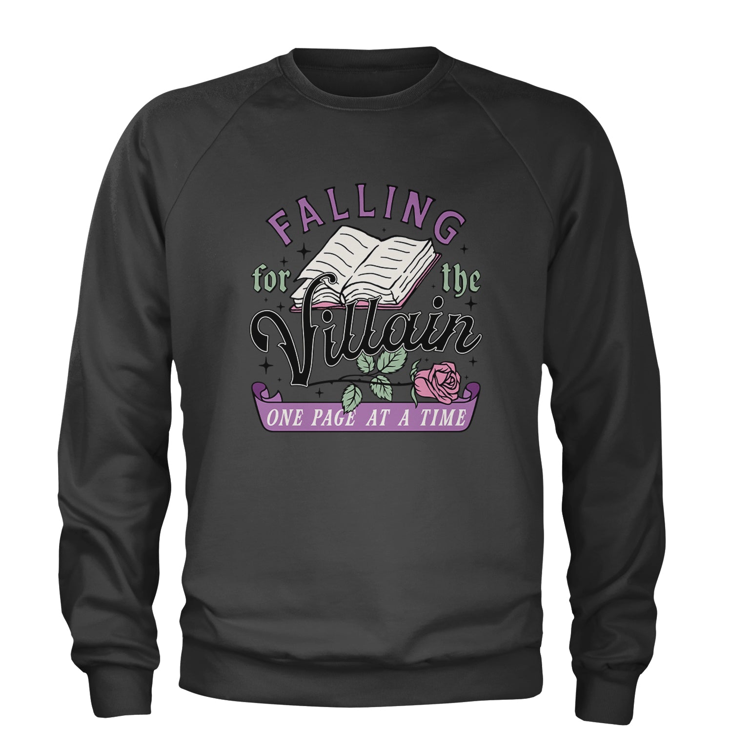 Falling For The Villain One Page At A Time Adult Crewneck Sweatshirt Charcoal Grey