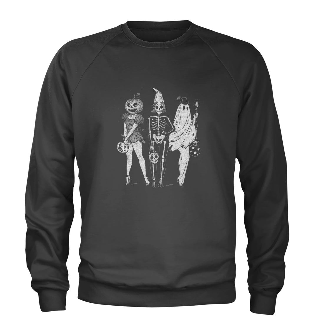 Vintage Spooky Squad Pinup Halloween Design Adult Crewneck Sweatshirt Charcoal Grey