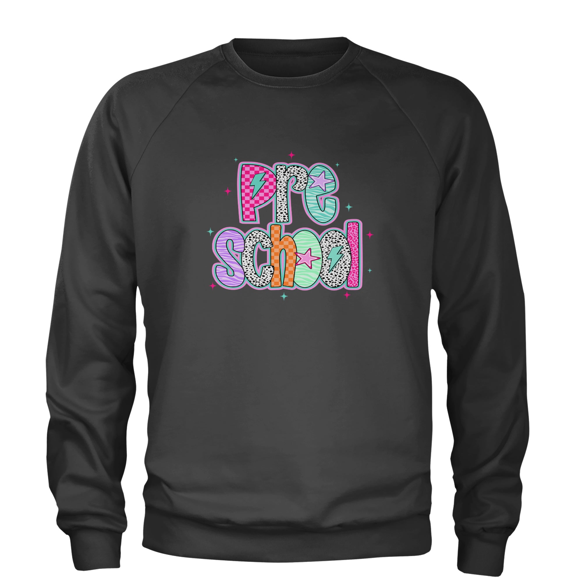 Preschool Power Colorful Back to School Adult Crewneck Sweatshirt Charcoal Grey