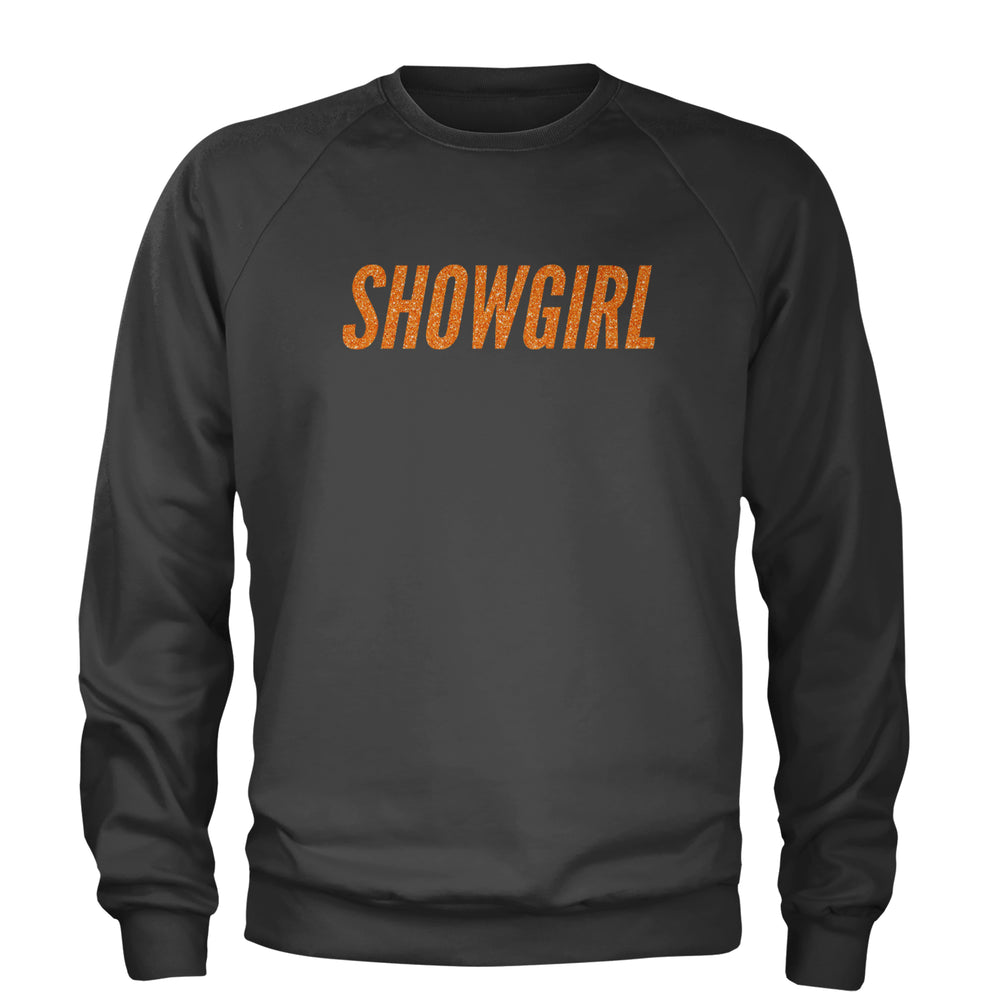Showgirl Orange Glitter graphic on Unisex Heavyweight Fleece Crewneck Sweatshirt in Charcoal Grey