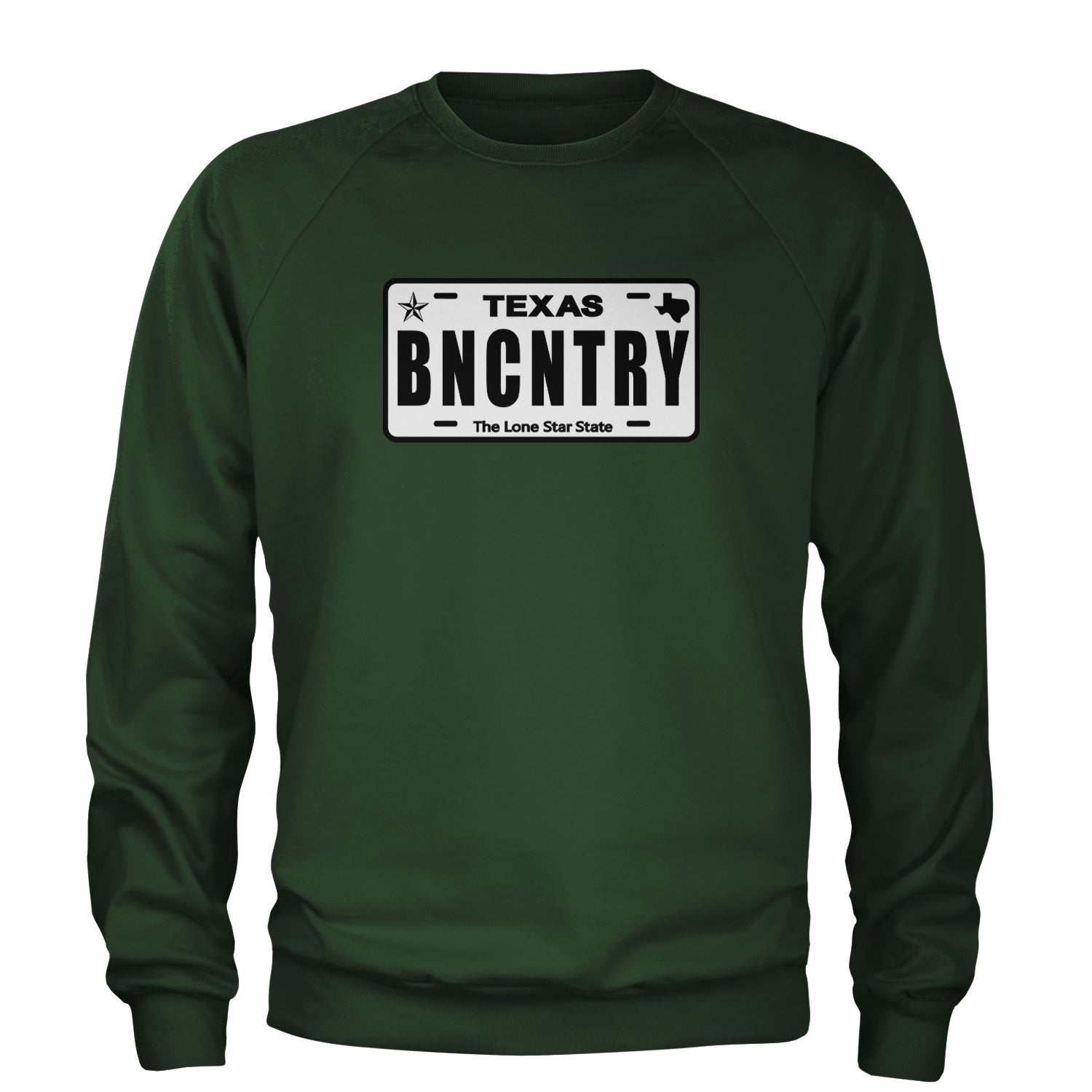 Texas License Plate BNCNTRY Adult Crewneck Sweatshirt Forest Green