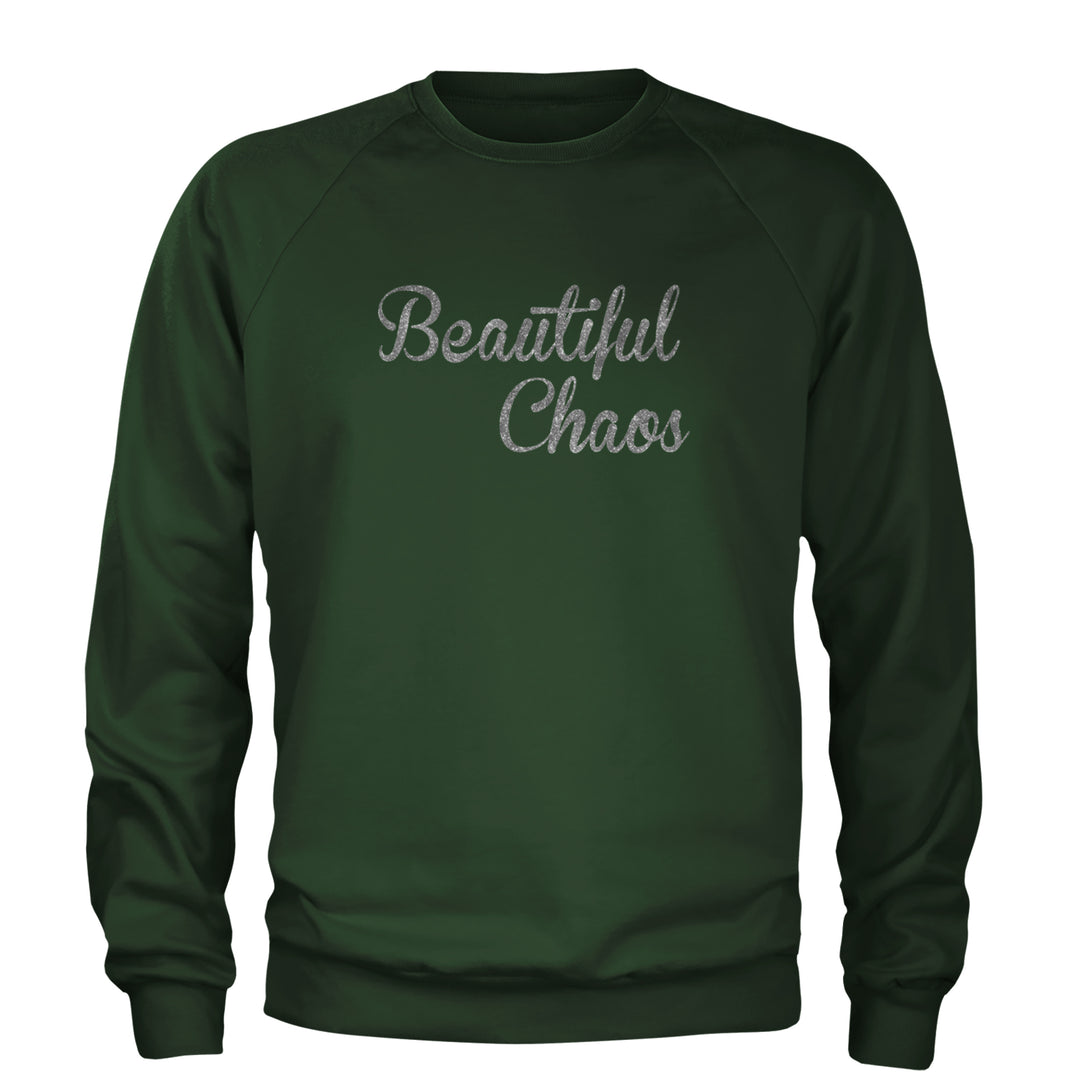 Beautiful Chaos Glitter Music Festival Adult Crewneck Sweatshirt Forest Green